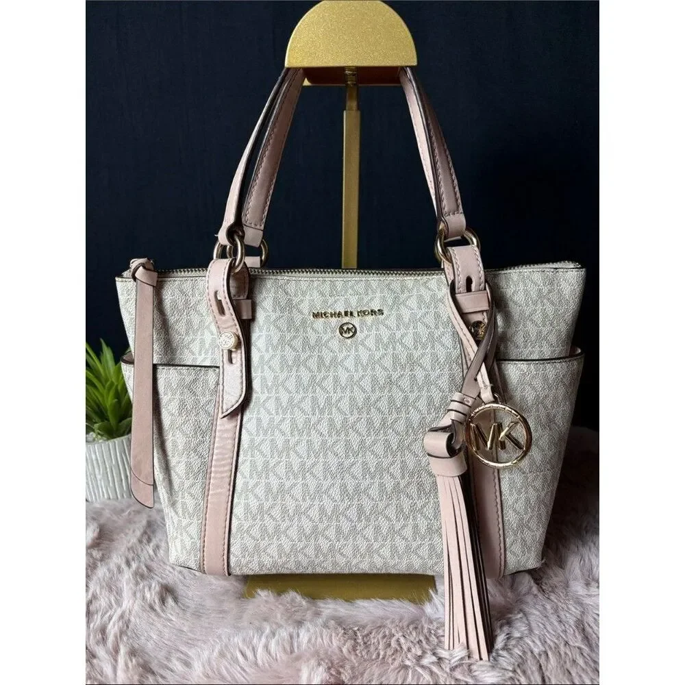 Michael Kors Sullivan Small Logo Top-Zip Tote Bag - Vanilla / Soft Pink Blush
